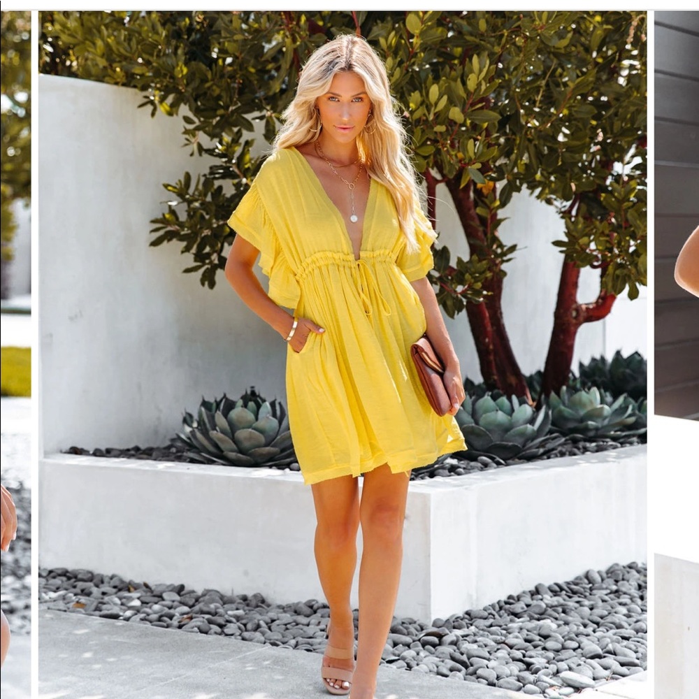 Vici pocketed button down ruffle dress - yellow